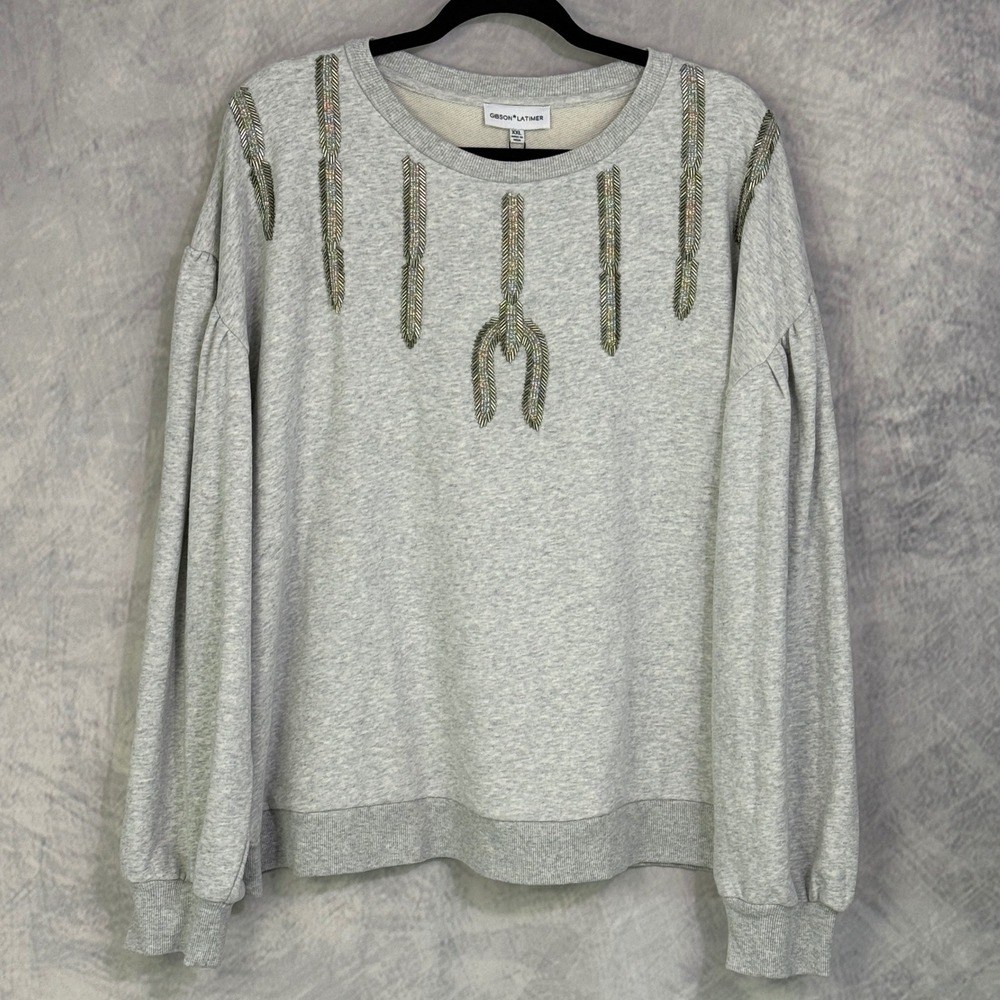 NWT Gibson Latimer Beaded Puffed Sleeve Sweatshirt Womens sz XXL Boho Festival